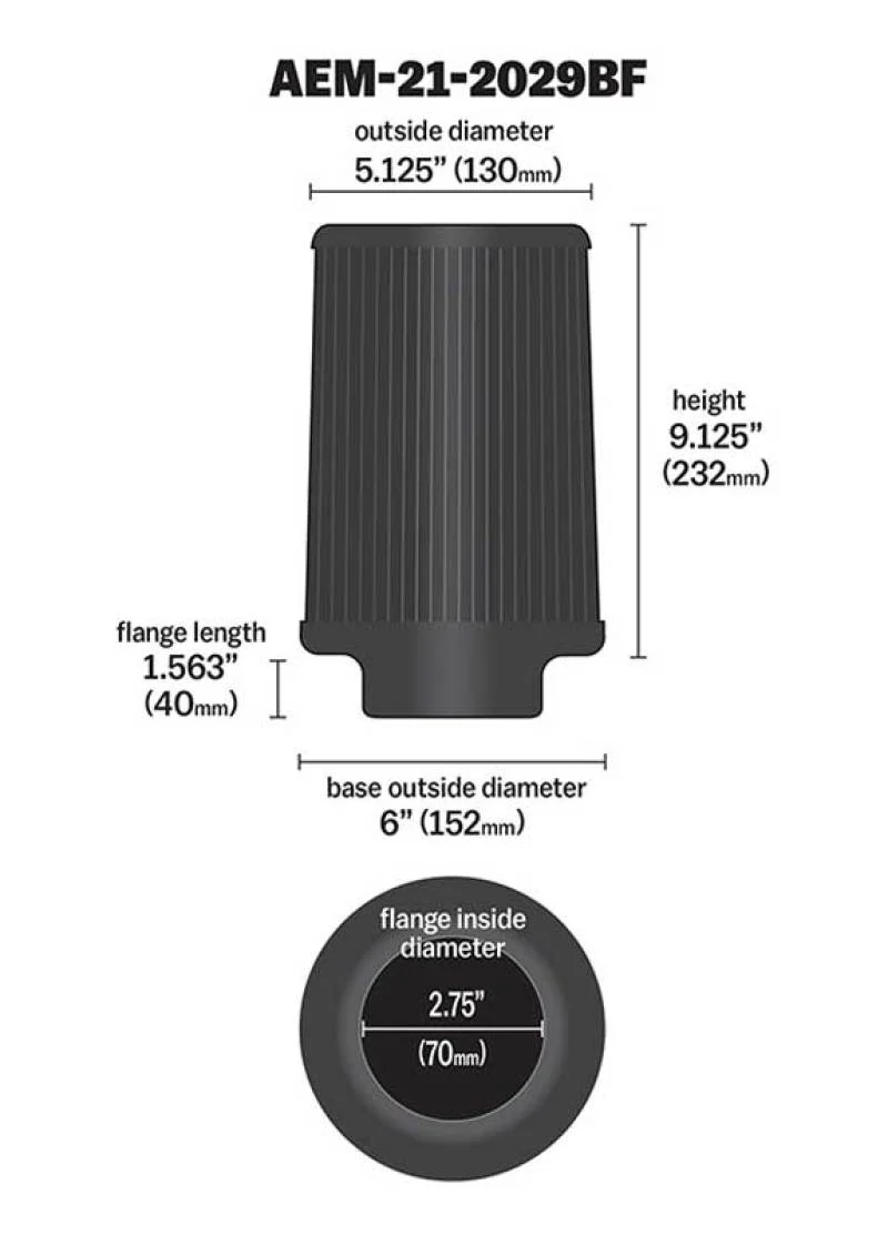 AEM Dryflow Conical Air Filter 2.75in Flange ID / 6in Base OD / 5.125in Top OD / 9.125in Height - Image 14