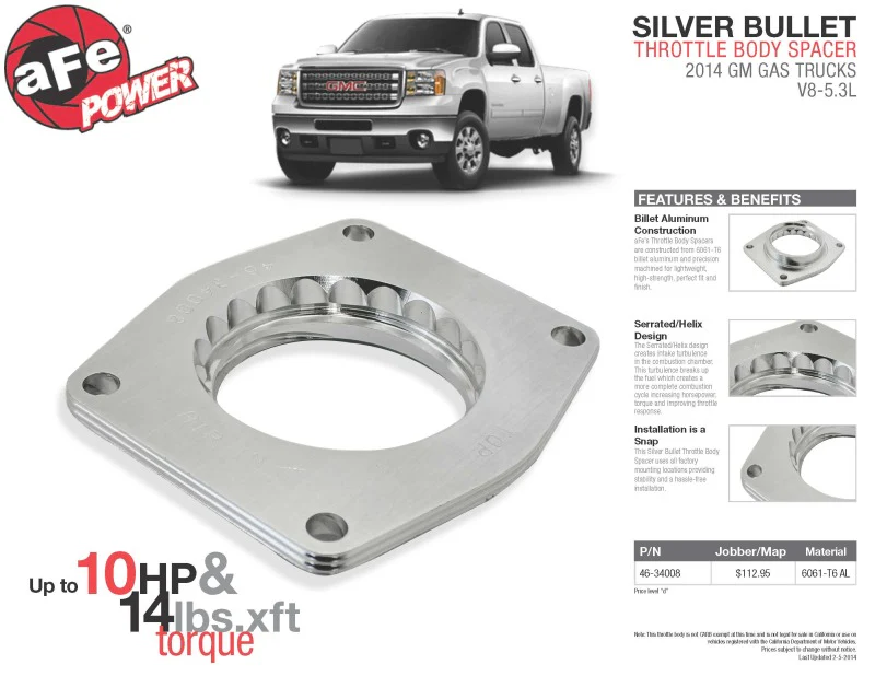 aFe Silver Bullet Throttle Body Spacers TBS 2014 GM Silverado/Sierra 1500 V8 5.3L - Image 4