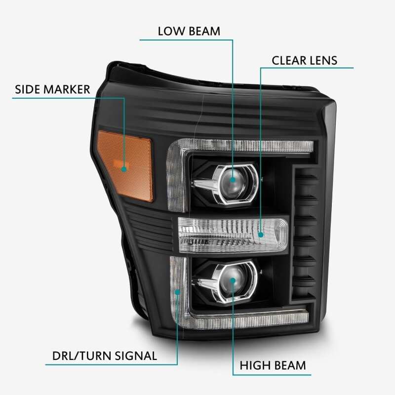 AlphaRex 11-16 Ford F-350 SD LUXX LED Proj Headlights Plank Style Black w/Activ Light/Seq Signal - Image 4