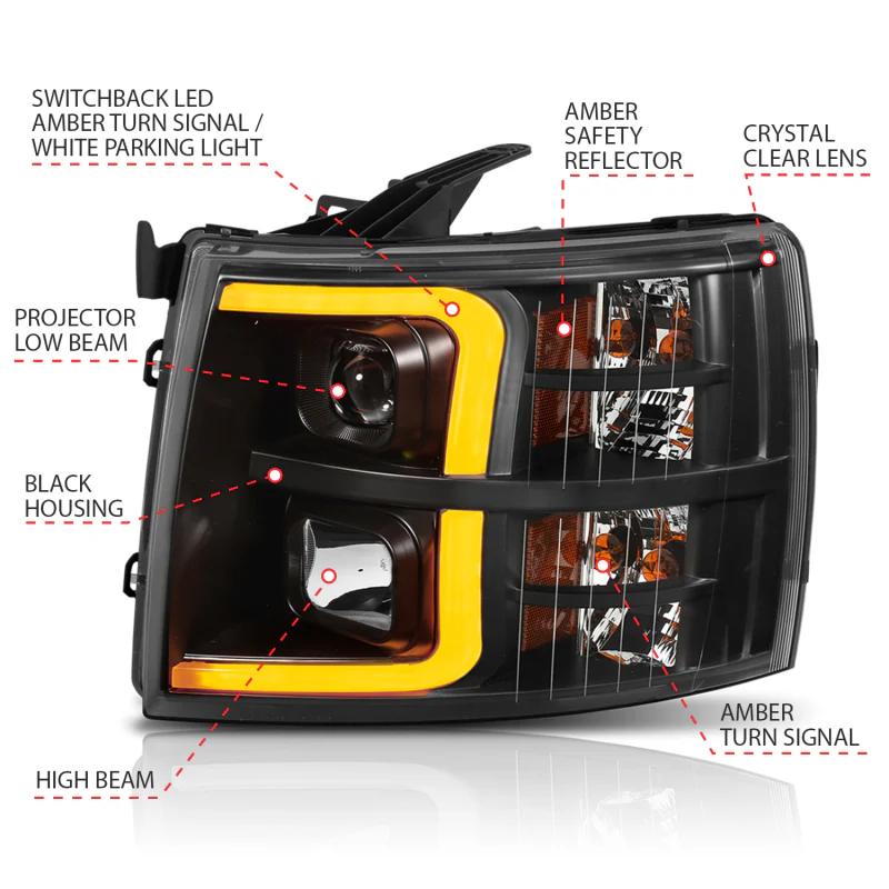ANZO 07-13 Chevrolet Silverado 1500 Plank Style Projector Headlights Black w/ Amber - Image 14