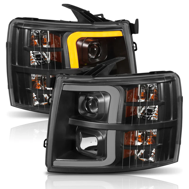 ANZO 07-13 Chevrolet Silverado 1500 Plank Style Projector Headlights Black w/ Amber - Image 8