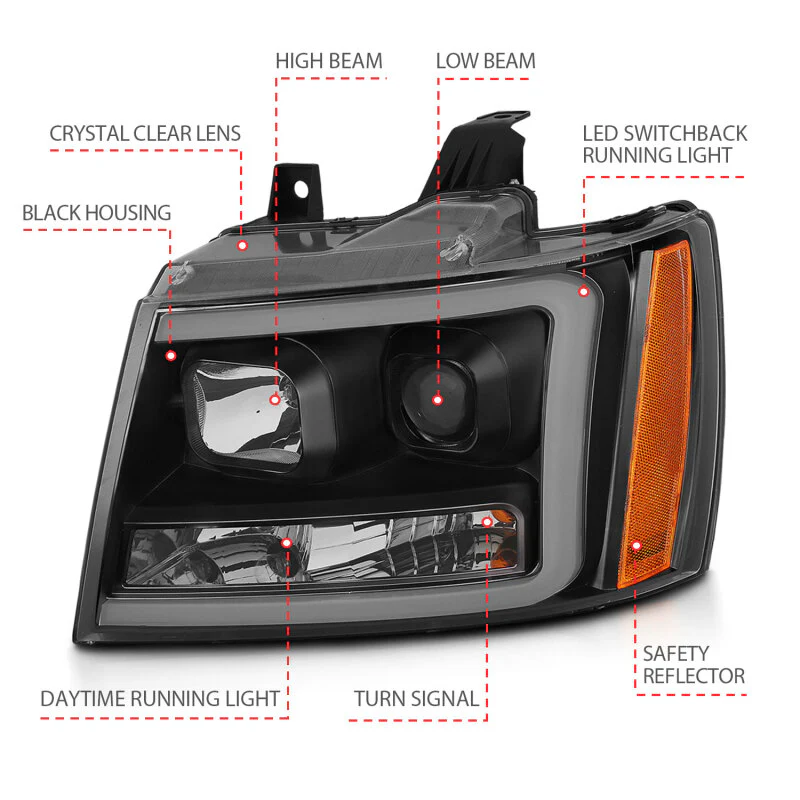 ANZO 07-14 Chevy Tahoe Projector Headlights w/ Plank Style Design Black w/ Amber - Image 7