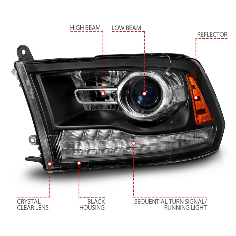 ANZO 09-18 Dodge Ram 1500/2500/3500 LED Plank Style Headlights Switchback + Sequential - Matte Black - Image 5