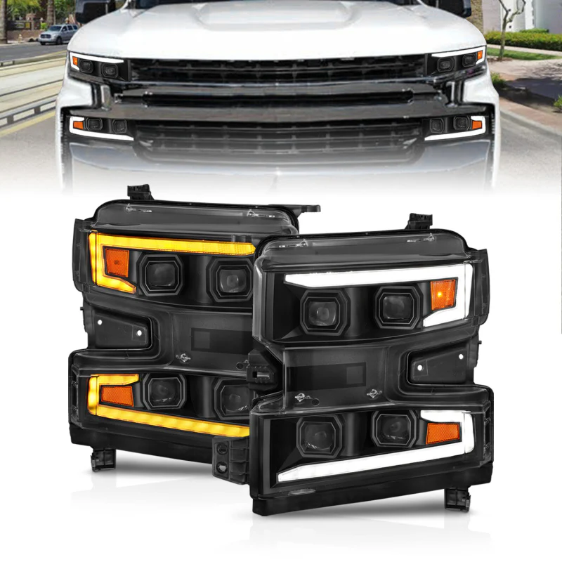 ANZO 19-22 Chevrolet Silverado 1500 LED Proj HL w/Lgt Bar SwBk Seq. Blk w/In. Light - Driver Side ON - Image 2