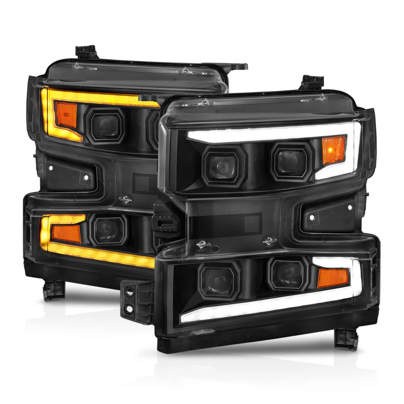 ANZO 19-22 Chevrolet Silverado 1500 LED Proj HL w/Lgt Bar SwBk Seq. Blk w/In. Light - Driver Side ON - Image 3