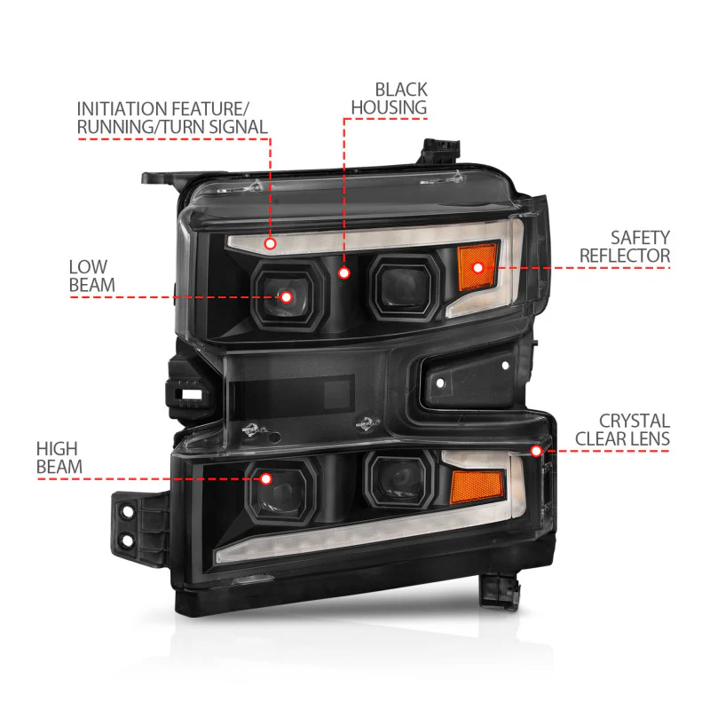 ANZO 19-22 Chevrolet Silverado 1500 LED Proj HL w/Lgt Bar SwBk Seq. Blk w/In. Light - Driver Side ON - Image 5