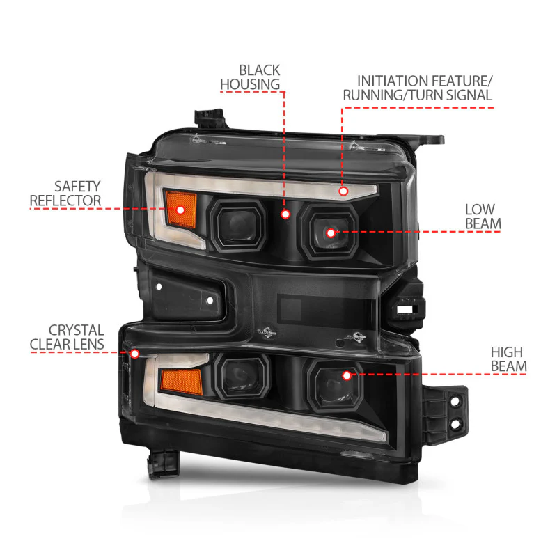 ANZO 19-22 Chevrolet Silverado 1500 LED Proj HL w/Lgt Bar SwBk Seq. Blk w/In. Light - Passenger Side - Image 3
