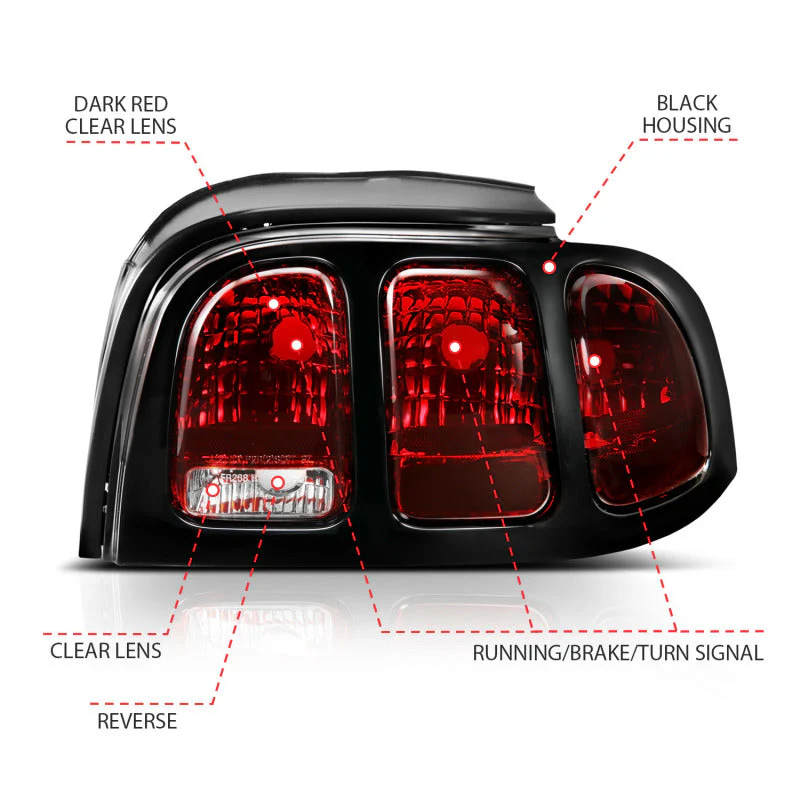 ANZO 1994-1998 Ford Mustang Taillight Dark Red Lens (OE Style) - Image 9