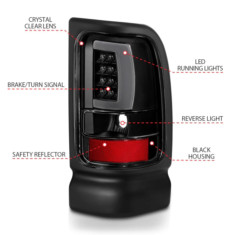 ANZO 1994-2001 Dodge Ram 1500 LED Taillights Plank Style Black w/Clear Lens - Image 4