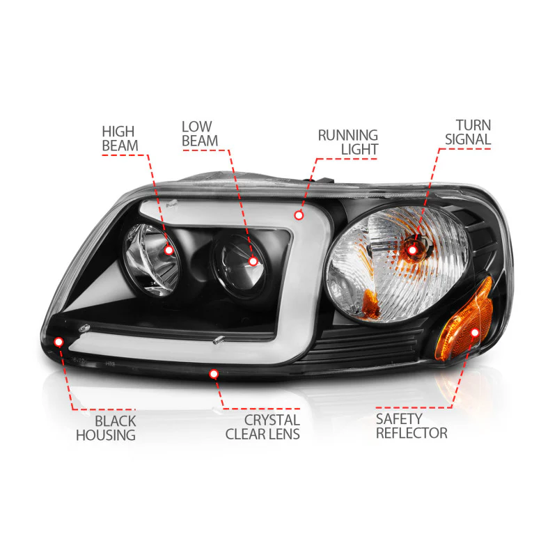 ANZO 1997-2003 Ford F-150 Projector Headlights w/ Light Bar Black Housing - Image 3