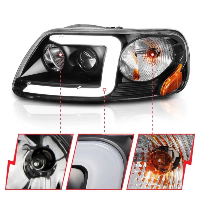 ANZO 1997-2003 Ford F-150 Projector Headlights w/ Light Bar Black Housing - Image 7