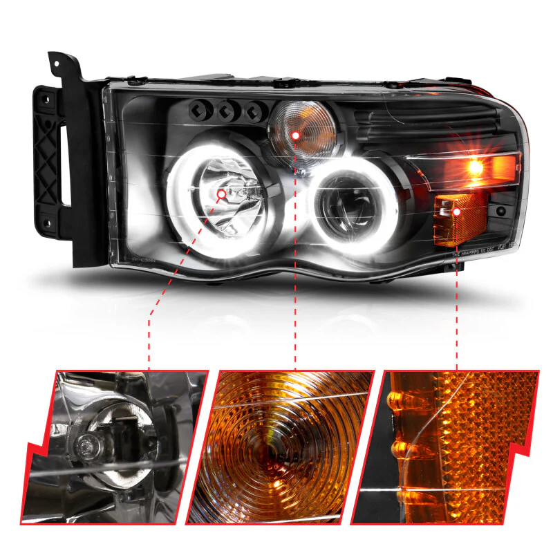 ANZO 2002-2005 Dodge Ram 1500 Projector Headlights w/ Halo Black Clear Amber - Image 15