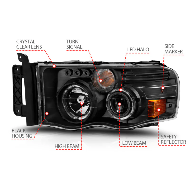 ANZO 2002-2005 Dodge Ram 1500 Projector Headlights w/ Halo Black Clear Amber - Image 3