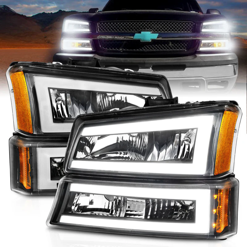 ANZO 2003-2006 Chevrolet Silverado 1500 Crystal Headlights w/ Light Bar Black Housing - Image 2
