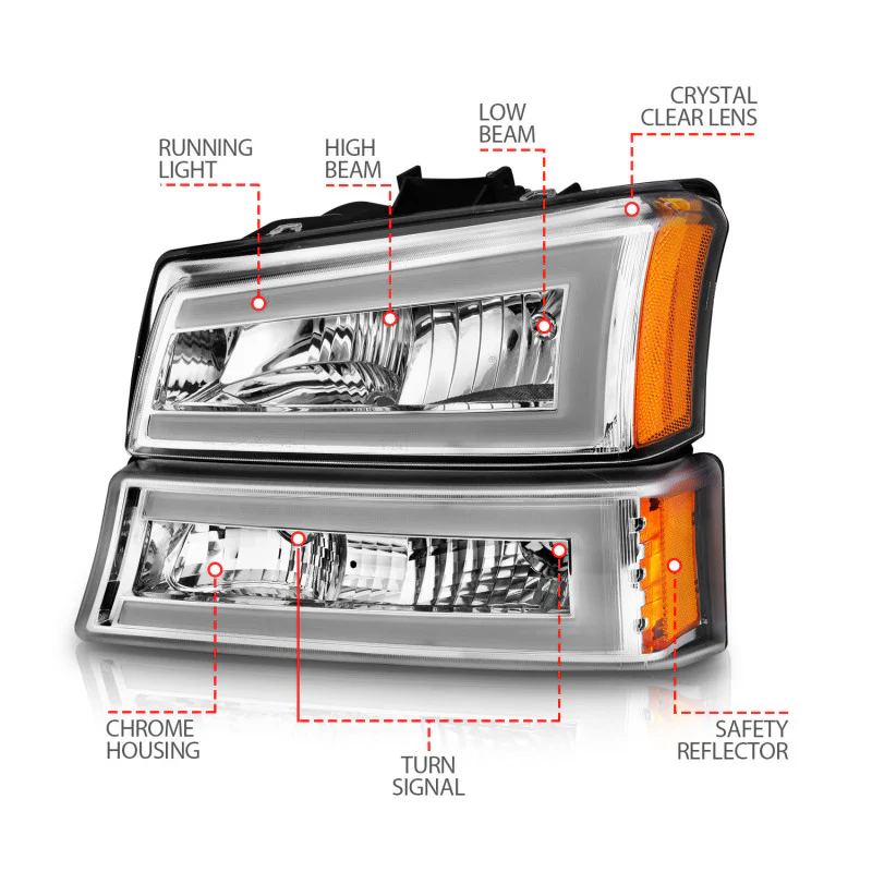 ANZO 2003-2006 Chevrolet Silverado 1500 Crystal Headlights w/ Light Bar Chrome Housing - Image 5