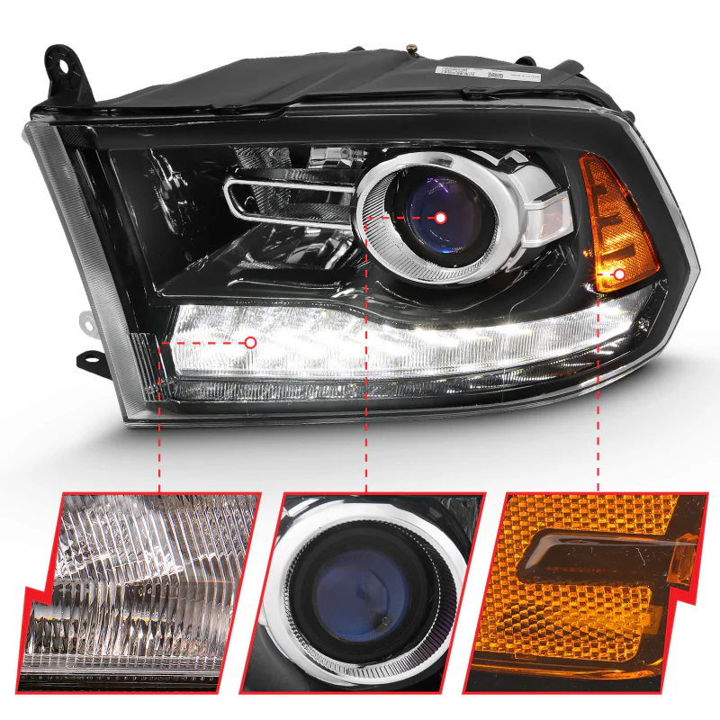 ANZO 2009-2018 Dodge Ram 1500 Projector Plank Style Switchback H.L Halo Black Amber (OE Style) - Image 3