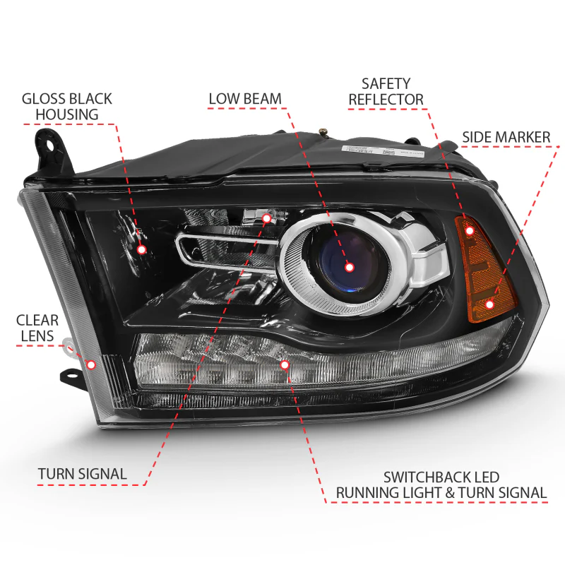 ANZO 2009-2018 Dodge Ram 1500 Projector Plank Style Switchback H.L Halo Black Amber (OE Style) - Image 9