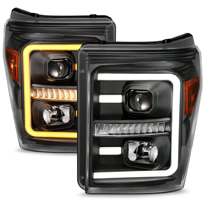 ANZO 2011-2016 Ford F250 Projector Headlights w/ Plank Style Switchback Black w/ Amber - Image 2
