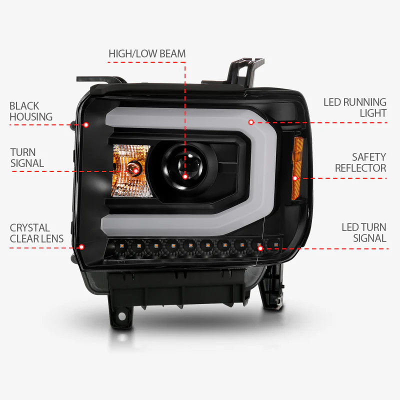 ANZO 2014-2015 GMC Sierra 1500 Projector Headlights w/ Light Bar Black Housing (Halogen Type) - Image 8