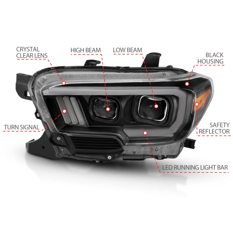 ANZO 2016-2017 Toyota Tacoma Projector Headlights w/ Plank Style Design Black/Amber w/ DRL - Image 15