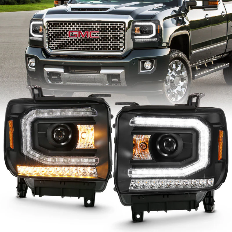 ANZO 2016-2019 GMC Sierra 1500 Projector Headlight Plank Style Black w/ Sequential Amber Signal - Image 2