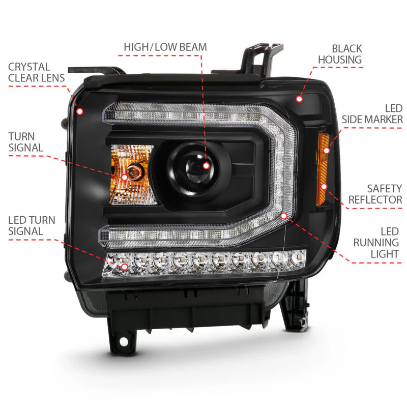ANZO 2016-2019 GMC Sierra 1500 Projector Headlight Plank Style Black w/ Sequential Amber Signal - Image 9
