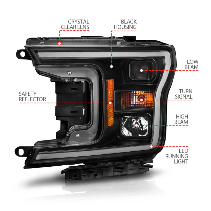ANZO 2018-2020 Ford F-150 Projector Headlight w/ Plank Style Switchback Black Housing - Image 3