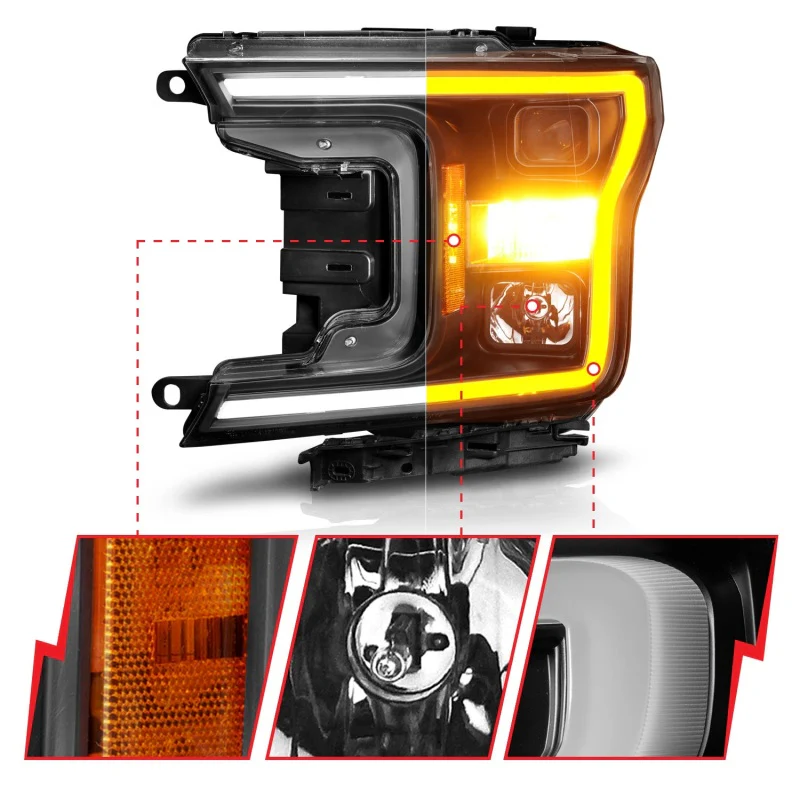 ANZO 2018-2020 Ford F-150 Projector Headlight w/ Plank Style Switchback Black Housing - Image 9