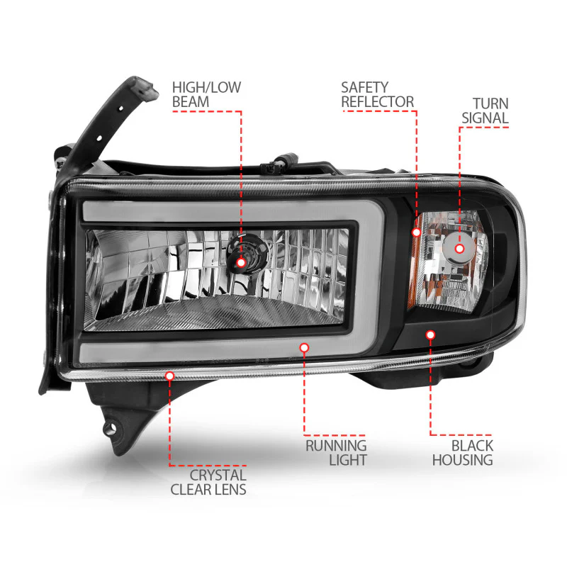 ANZO 94-02 Dodge RAM Crystal Headlight - w/ Light Bar Black Housing - Image 8