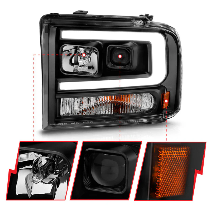 ANZO 99-04 Ford F250/F350/F450/Excursion (excl 99) Projector Headlights - w/ Light Bar Black Housing - Image 11