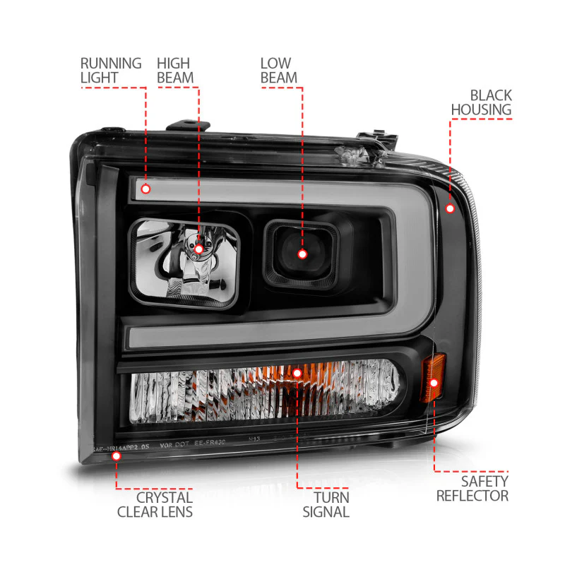 ANZO 99-04 Ford F250/F350/F450/Excursion (excl 99) Projector Headlights - w/ Light Bar Black Housing - Image 12