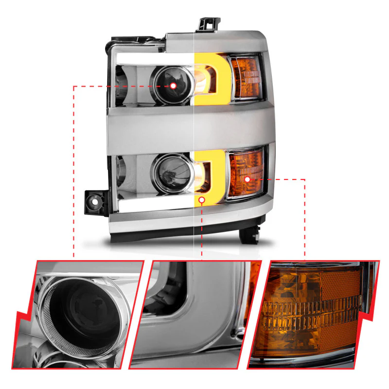 ANZO Projector Headlights 15-17 Chevrolet Silverado 2500HD / 3500HD Chrome w/ Chrome Rim - Image 10