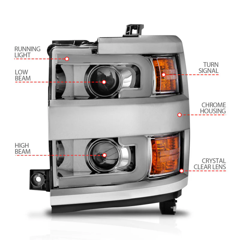 ANZO Projector Headlights 15-17 Chevrolet Silverado 2500HD / 3500HD Chrome w/ Chrome Rim - Image 4