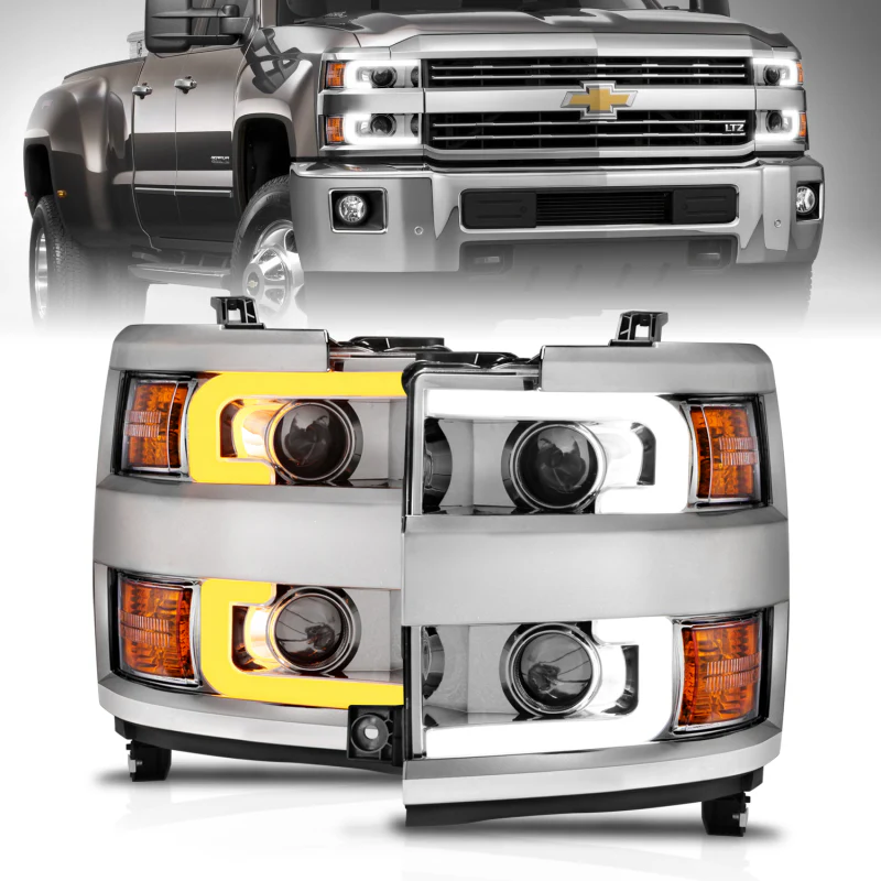 ANZO Projector Headlights 15-17 Chevrolet Silverado 2500HD / 3500HD Chrome w/ Chrome Rim - Image 9
