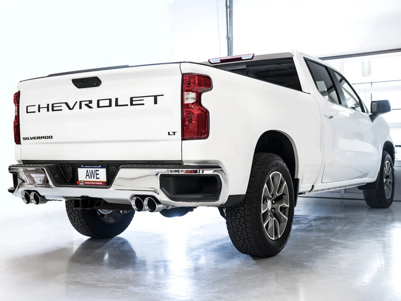 AWE Tuning 4th Gen GM 1500 6.2L 0FG Catback Split Rear Exit (w/ Bumper Cutouts) - Quad Chrome Tips - Image 3
