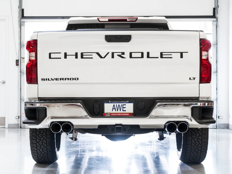 AWE Tuning 4th Gen GM 1500 6.2L 0FG Catback Split Rear Exit (w/ Bumper Cutouts) - Quad Chrome Tips - Image 4