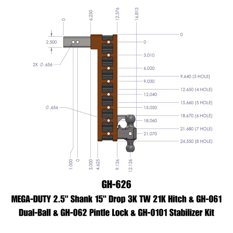 Gen-Y Mega Duty 2.5in Shank 15in Drop 21K Hitch w/Dual-Ball/Pintle Lock/Stabilizer Kit - Image 2