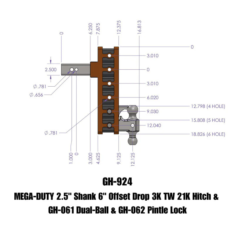 Gen-Y Mega Duty 2.5in Shank 6in Offset Drop 21K Hitch w/GH-061 Dual-Ball/GH-062 Pintle Lock - Image 2