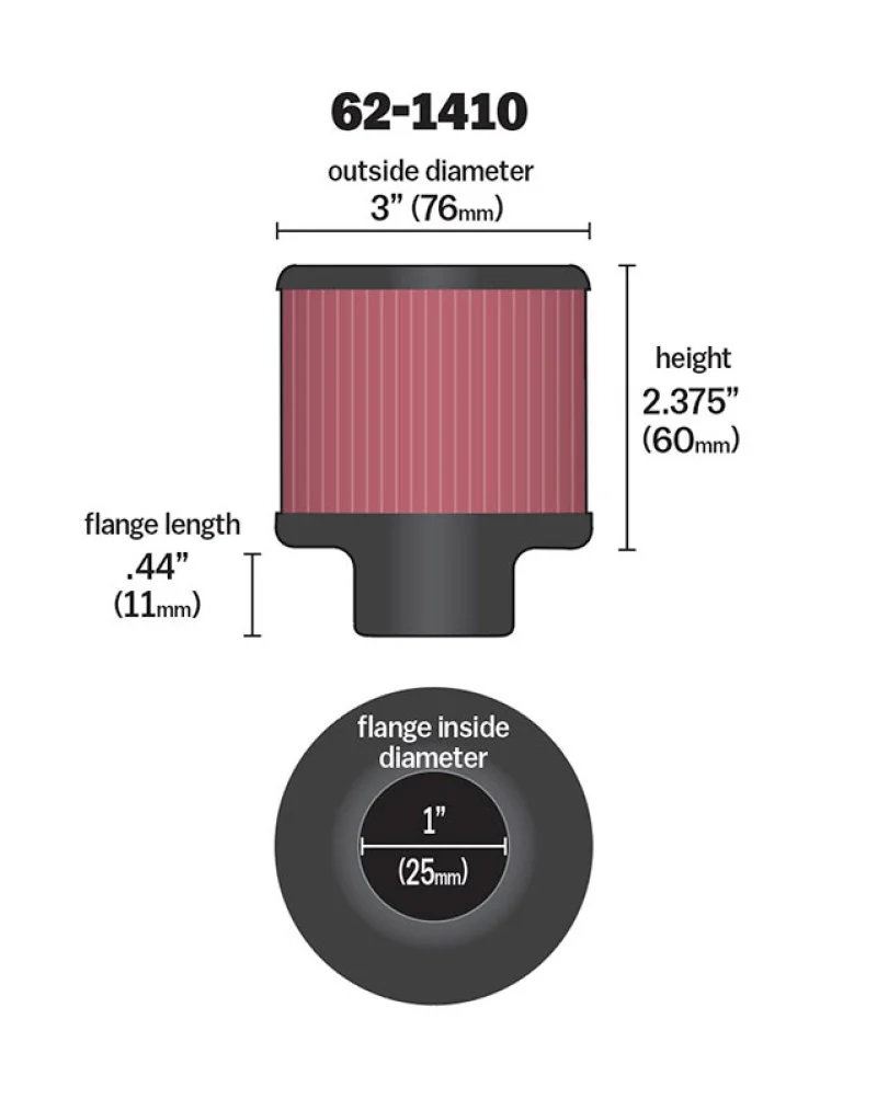 K&N 1 inch ID 3 inch OD 2.375 inch H Rubber Base Crankcase Vent Filter - Image 14