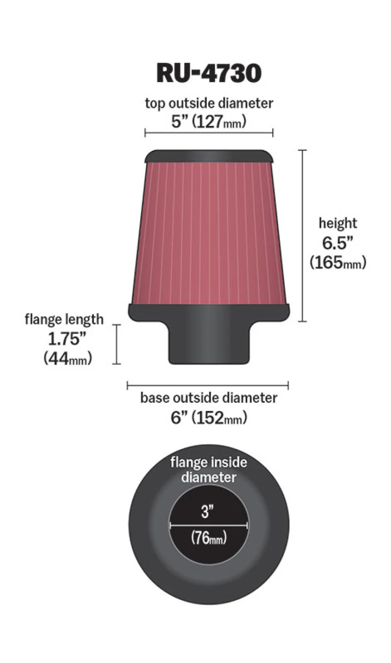 K&N Filter 3 inch Flange 6 inch Base 5 Top 6 1/2 inch Height - Image 9