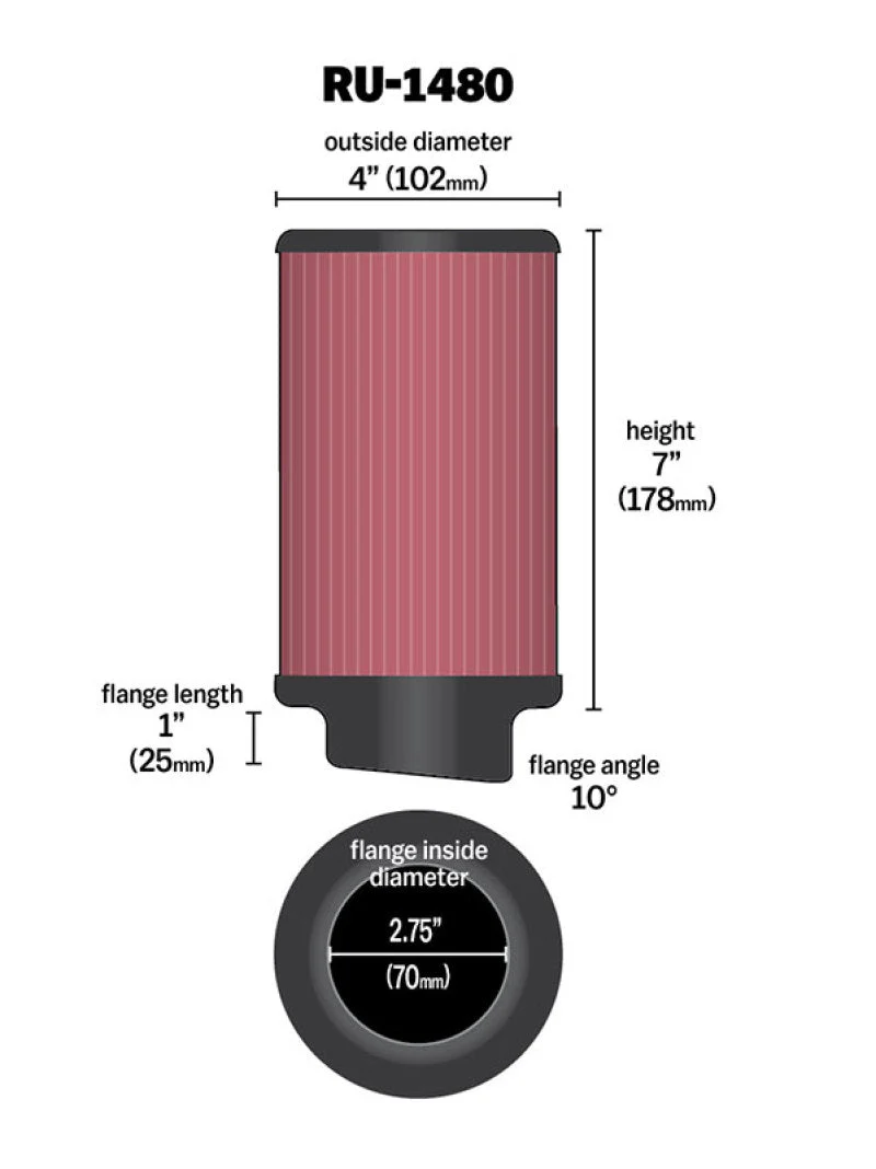K&N Filter Universal Rubber Filter 10 Degree Flange Angle 4in OD x 2.75in Flange ID x 7in H - Image 2