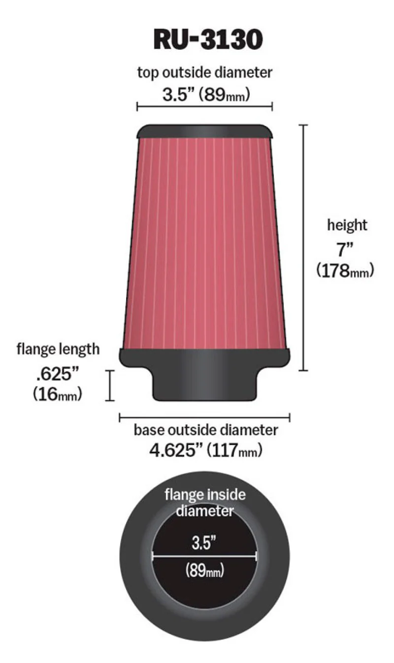 K&N Filter Universal Rubber Filter 3 1/2 inch Flange 4 5/8 inch Base 3 1/2 inch Top 7 inch Height - Image 17