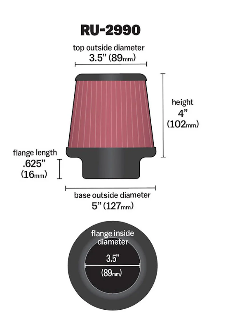 K&N Filter Universal Rubber Filter 3 1/2 inch Flange 5 inch Base 3 1/2 inch Top 4 inch Height - Image 16