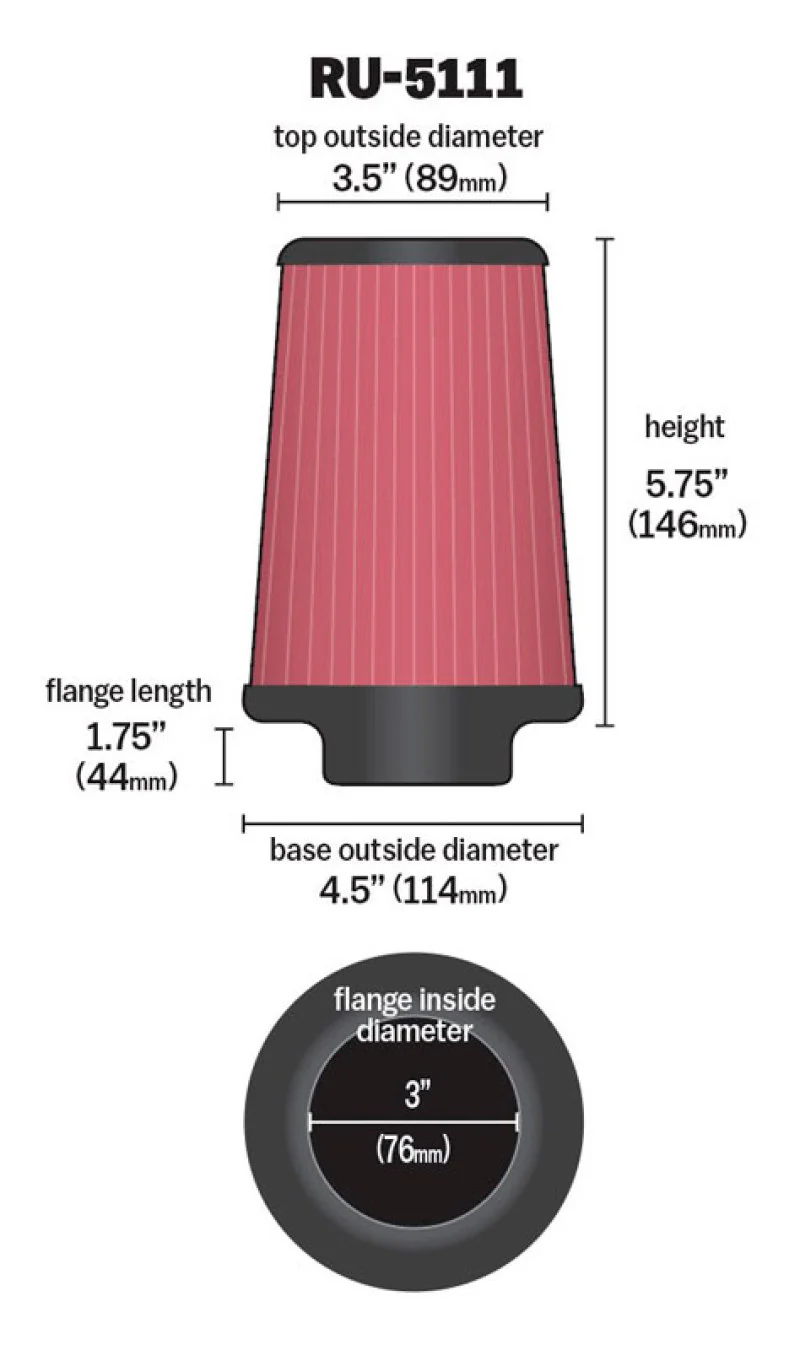 K&N Filter Universal Rubber Filter 3 Flange 4 1/2 Base inch 3 1/2 inch Top 5 3/4 inch Height - Image 10