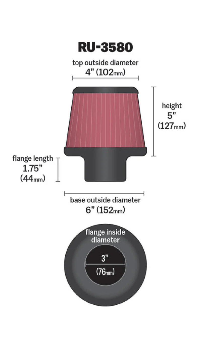 K&N Filter Universal Rubber Filter 3 Inch Flange 6 inch Base 4 inch Top 5 inch Height - Image 14