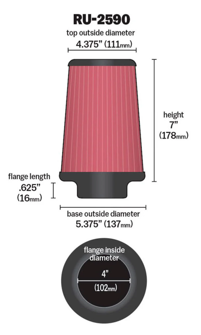 K&N Filter Universal Rubber Filter 4 inch Flange 5 3/8 inch Base 4 3/8 inch Top 7 inch Height - Image 18