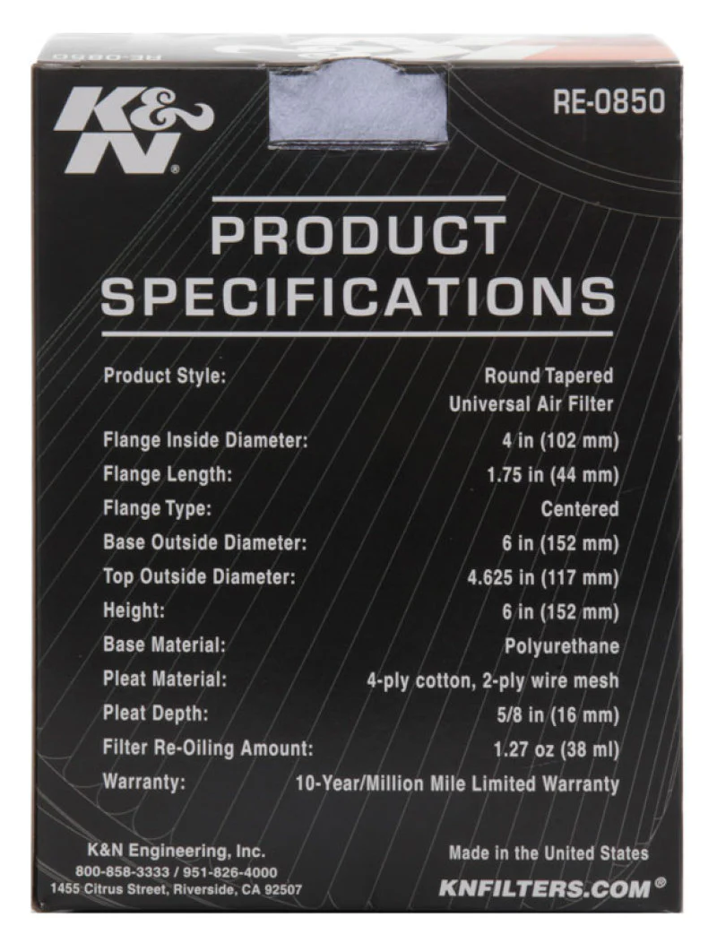 K&N Universal Air Filter (4in. Flange / 6in. Base OD / 4-5/8in. Top OD / 6in. Height) - Image 20