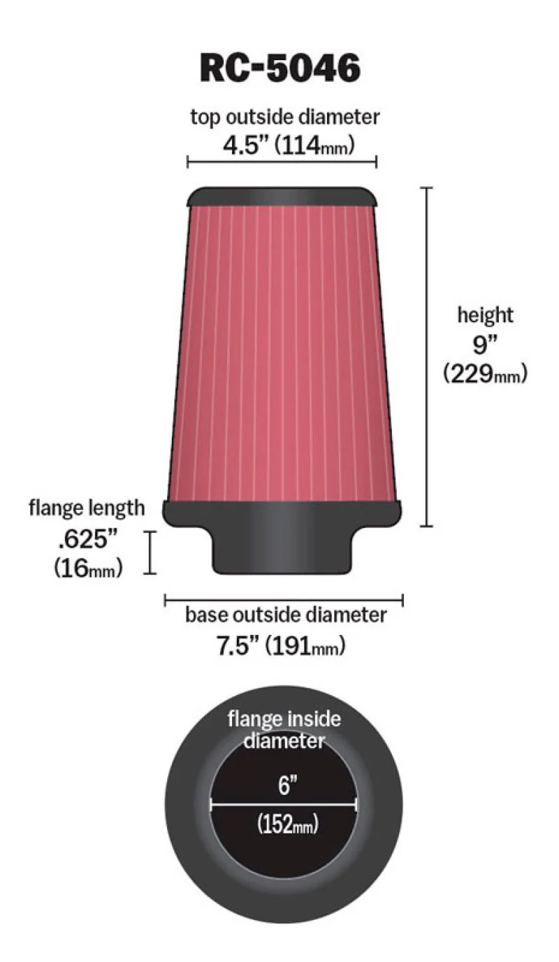 K&N Universal Chrome Filter 6 inch FLG / 7.5 inch Base / 4.5 inch Top / 9 inch Height - Image 5