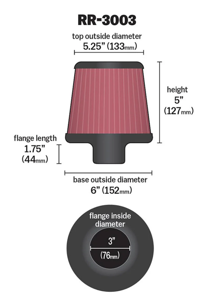 K&N Universal Filter 3 inch Flange 6 inch Base 5 1/4 inch Top 5 inch Height w/ Polished Top - Image 7