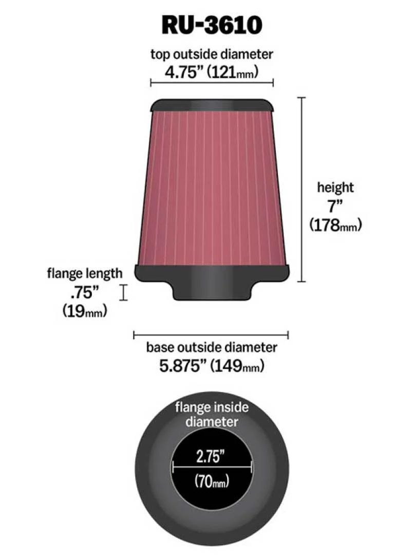 K&N Universal Rubber Filter 2.75in Flange ID x 5.875in Base OD x 4.75in Top OD x 7in Height - Image 11